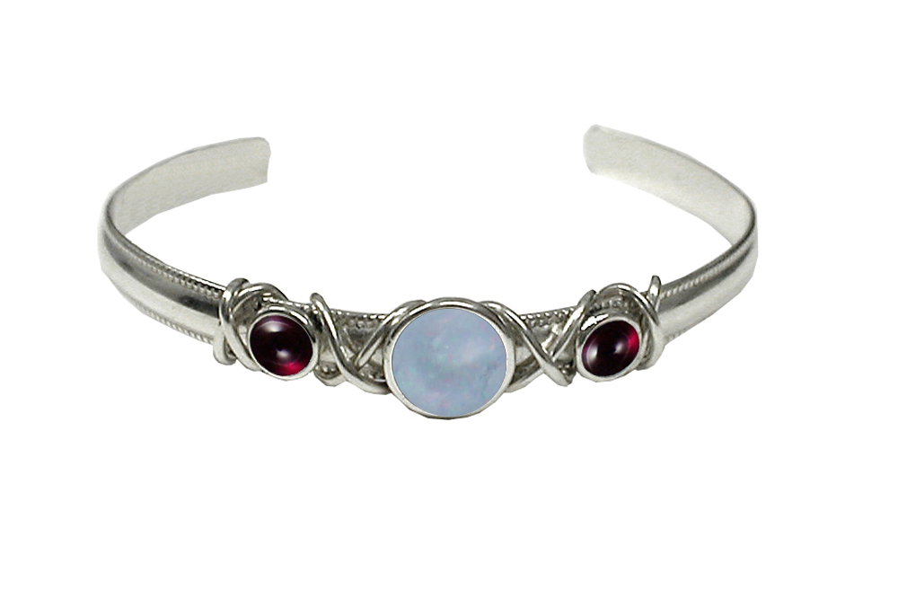 Sterling Silver Hand Made Cuff Bracelet With White Moonstone And Garnet